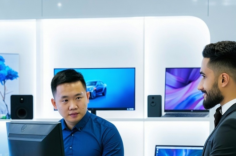 Hide all fingers in the picture Inside a modern tech office with sleek displays of electronics and gadgets A diverse team of employees is working together an Asian man is looking at his computer a Black man is on the phone with a smartphone at the se-1-1